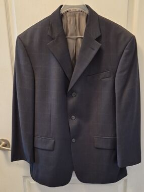 Oscar de la Renta Navy Windowpane Wool Blazer Size 40S W36 EUC